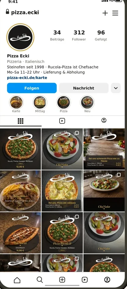 Instagram-Profil von Pizza Ecki mit vicini: 34 Beiträge, 312 Follower, Foto-Raster voller echter Gerichte.